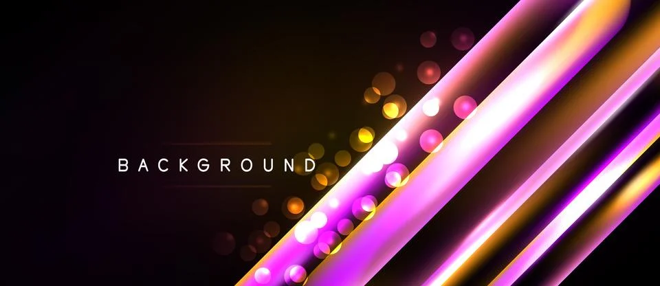Dark backdrop features vibrant diagonal lines, glowing dots. Modern design, Stock Illustration