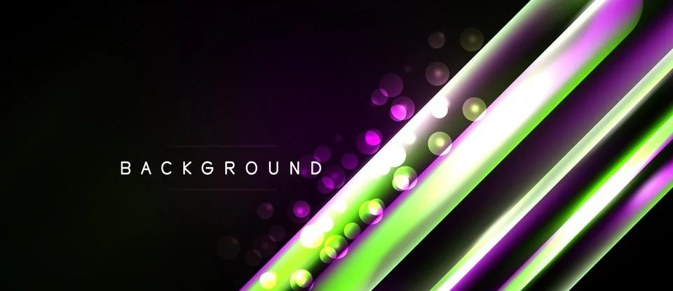 Dark backdrop features vibrant diagonal lines, glowing orbs. Modern design, Stock Illustration