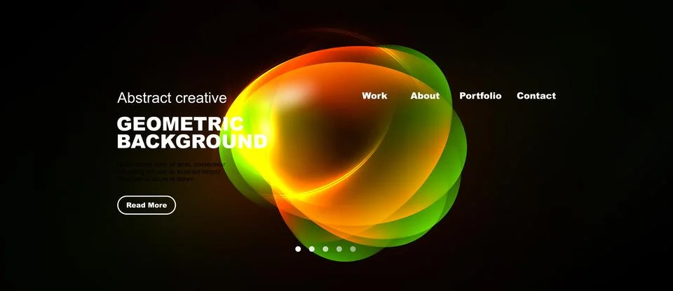 Dark backdrop features vibrant, flowing geometric shapes. Text elements prese Illustrazione stock