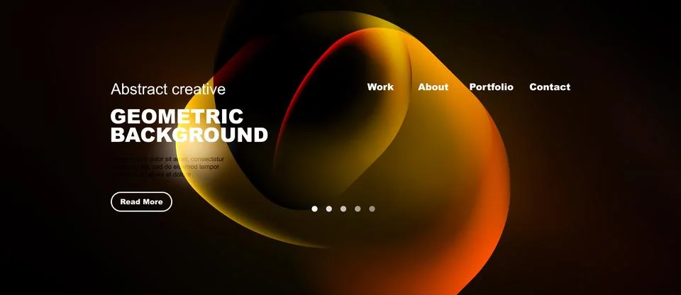 Dark backdrop features vibrant fluid shapes, text elements, navigation menu. Illustrazione stock