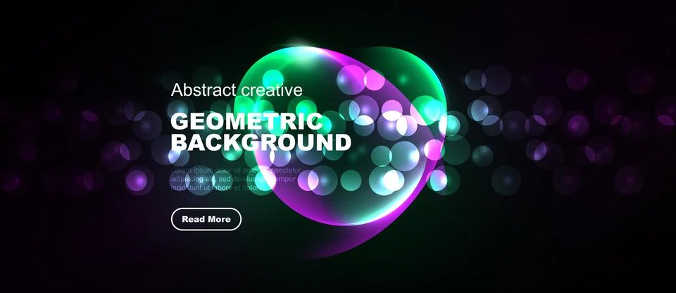 Dark backdrop features vibrant geometric shapes, glowing circles, text elem.. Stock Illustration