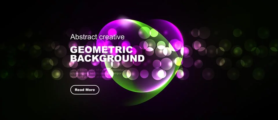 Dark backdrop features vibrant geometric shapes, glowing orbs, text promoting 스톡 일러스트