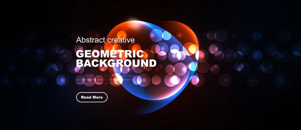 Dark backdrop features vibrant geometric shapes, glowing orbs, text elements. Stock Illustration