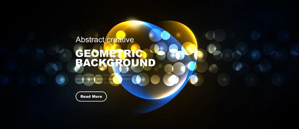 Dark backdrop features vibrant geometric shapes, glowing orbs, text elements. Stock Illustration