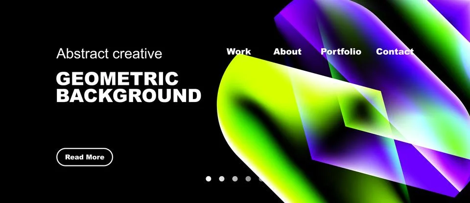 Dark backdrop features vibrant geometric shapes, text elements, navigation Stock Illustration