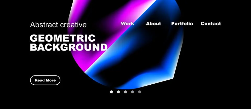 Dark backdrop features vibrant geometric shape. Text overlays present work, Stock Illustration