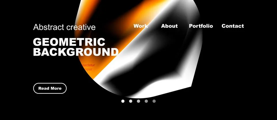 Dark backdrop features vibrant geometric shapes, text overlays, navigation .. 스톡 일러스트