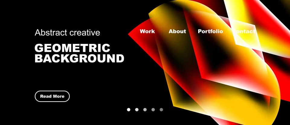 Dark backdrop features vibrant geometric shapes, text overlays, navigation Stock Illustration