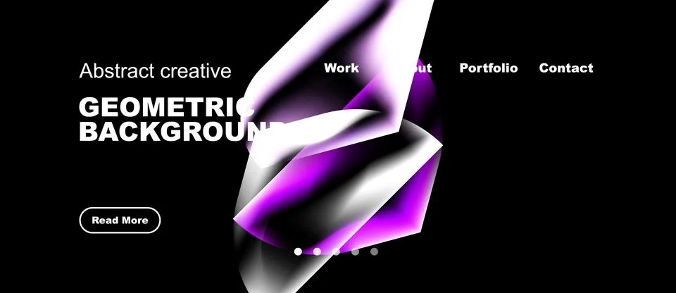 Dark backdrop features vibrant geometric shapes, text elements, navigation Stock Illustration