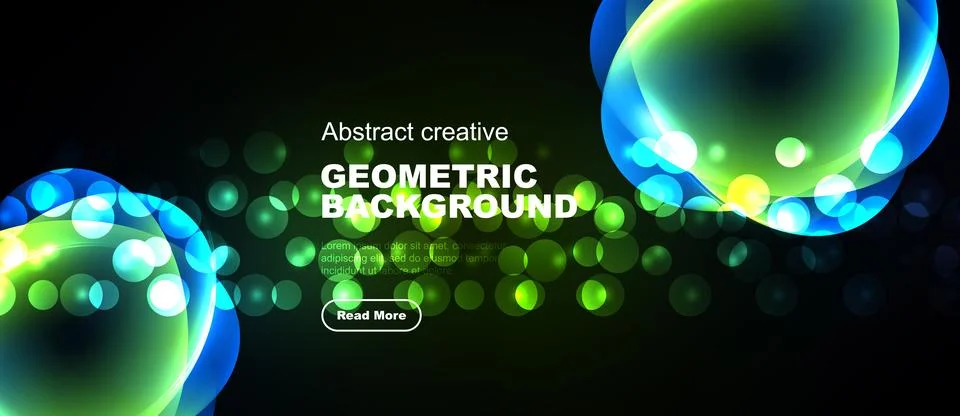 Dark backdrop features vibrant glowing orbs, geometric shapes, text elements. Stock Illustration