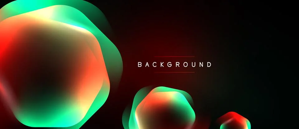 Dark backdrop features vibrant glowing shapes. Red, green hues blend creating Stock Illustration