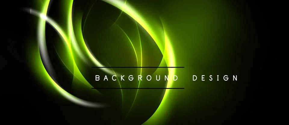 Dark backdrop features vibrant green neon curves. Smooth lines create abstrac Stock Illustration