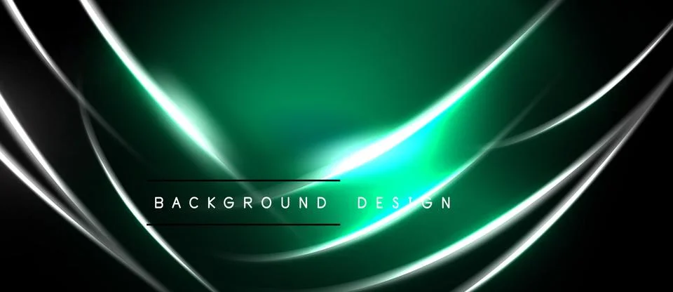 Dark backdrop features vibrant green glow, silver lines creating dynamic wave Stock Illustration