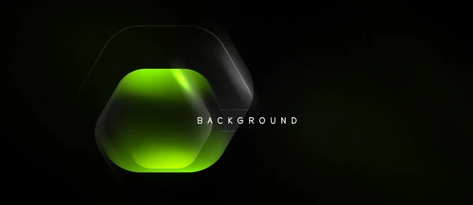 Dark backdrop features vibrant green hexagon shape. Glossy texture creates Stock Illustration