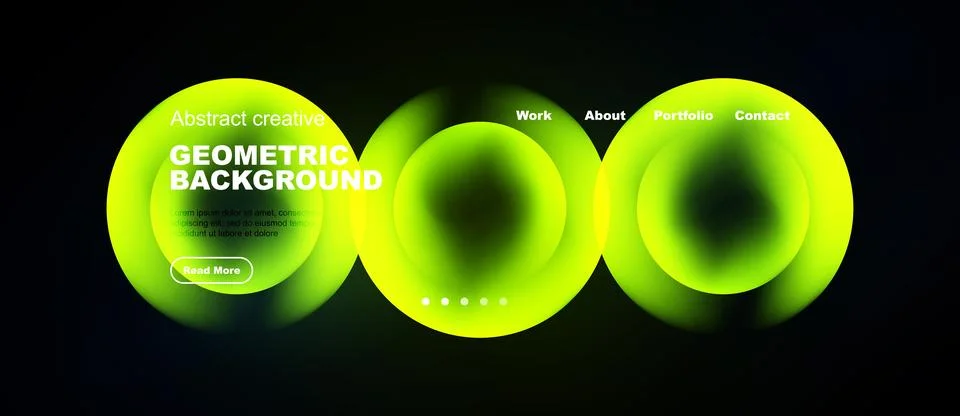 Dark backdrop features vibrant green geometric shapes, text, navigation ele.. Stock Illustration