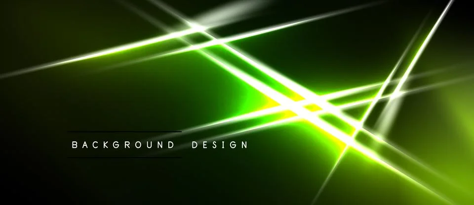 Dark backdrop features vibrant green neon lines intersecting. Bright glow 库存插图