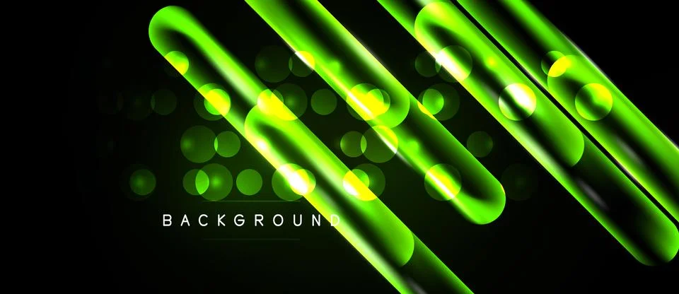 Dark backdrop features vibrant green neon lines, circles. Modern design evoke Stock Illustration