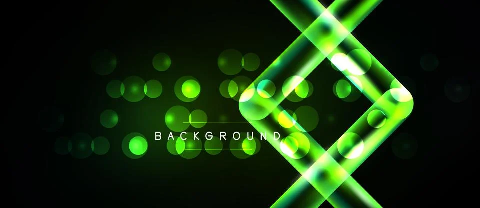 Dark backdrop features vibrant green neon lines, circles. Modern design evoke Illustrazione stock