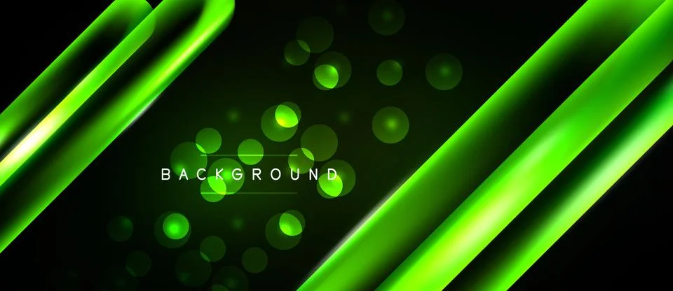 Dark backdrop features vibrant green diagonal lines, glowing circles creating Illustrazione stock