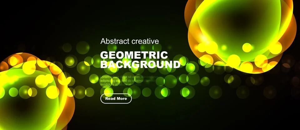 Dark backdrop features vibrant green, yellow circles. Geometric shapes create Stock Illustration