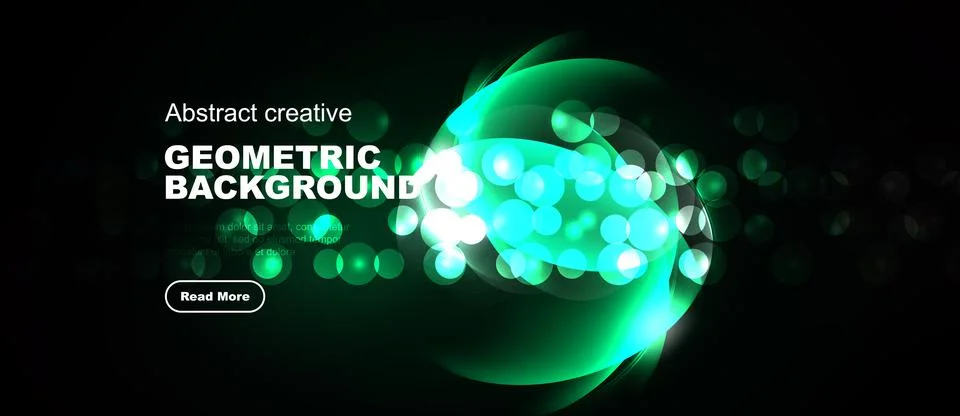Dark backdrop features vibrant green geometric shapes, circles, swirls. Text Stock Illustration