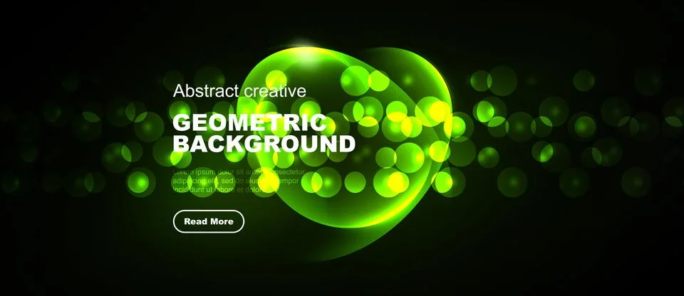 Dark backdrop features vibrant green geometric shapes, glowing orbs, text Illustrazione stock