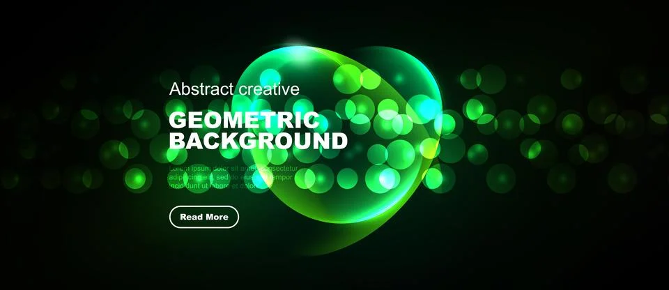 Dark backdrop features vibrant green geometric shapes, glowing orbs, text 스톡 일러스트
