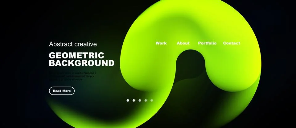 Dark backdrop features vibrant green abstract shapes. Text elements include Stock Illustration