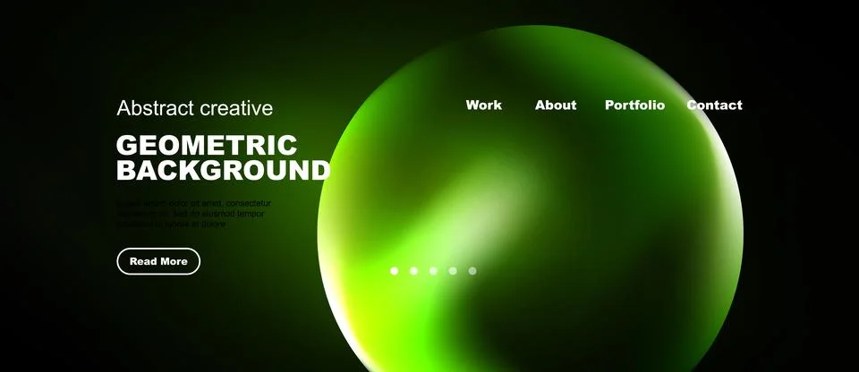 Dark backdrop features vibrant green geometric shapes. Website navigation Ilustração Stock