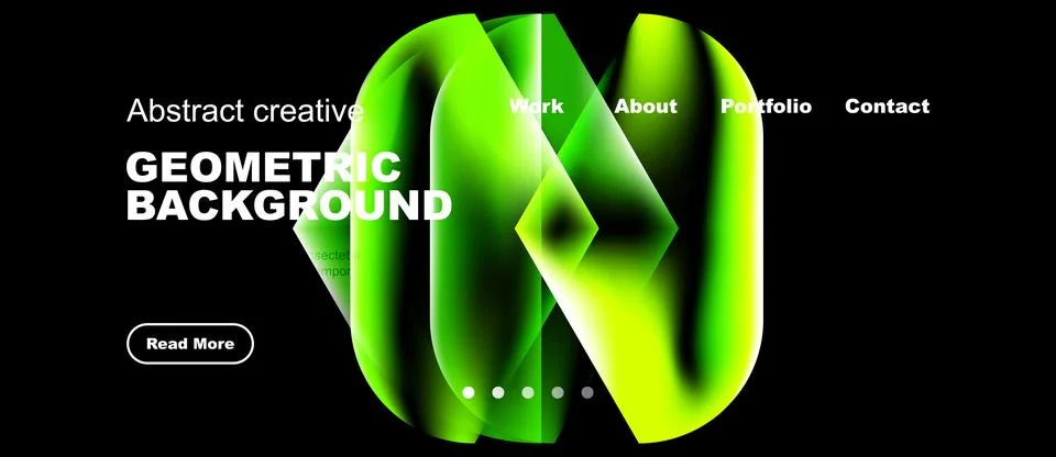 Dark backdrop features vibrant green geometric shapes. White text displays Stock Illustration