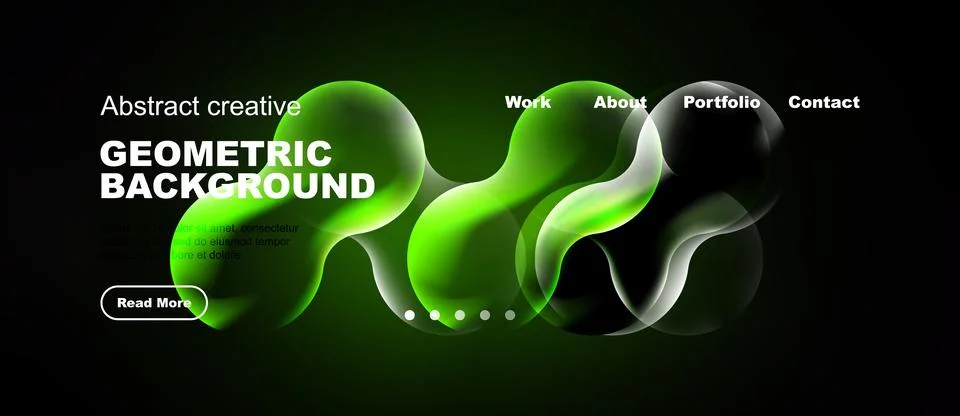 Dark backdrop features vibrant green geometric shapes. Website header include Stock Illustration