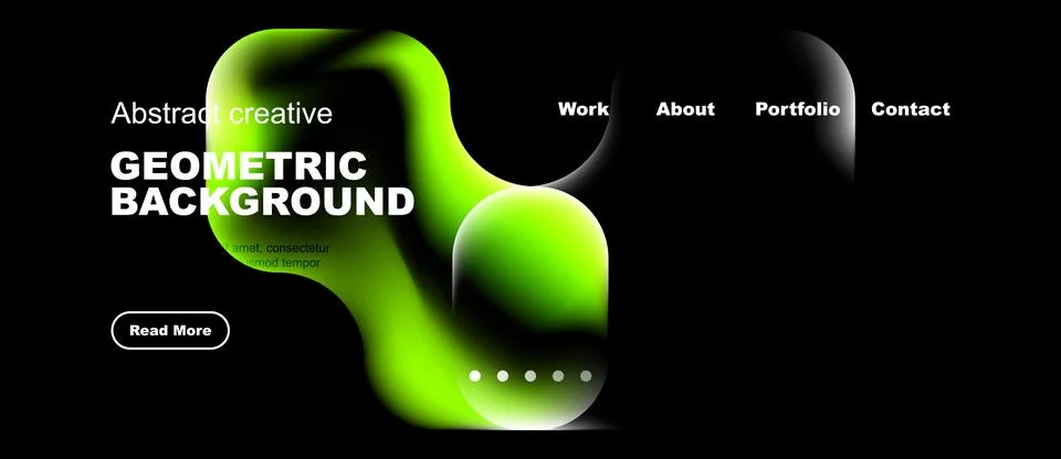 Dark backdrop features vibrant green geometric shapes. Website navigation Stock Illustration