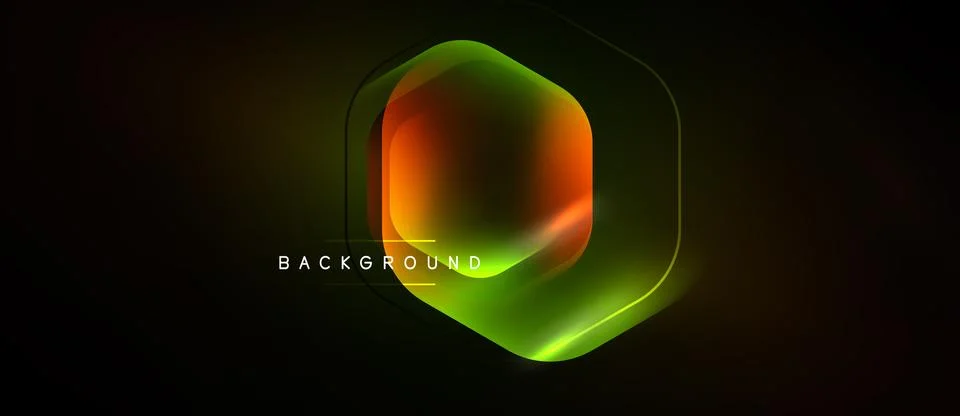 Dark backdrop features vibrant hexagon. Gradient colors blend orange, green, Stockillustratie