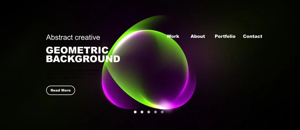 Dark backdrop features vibrant, layered circles. Text elements include title, Stock Illustration