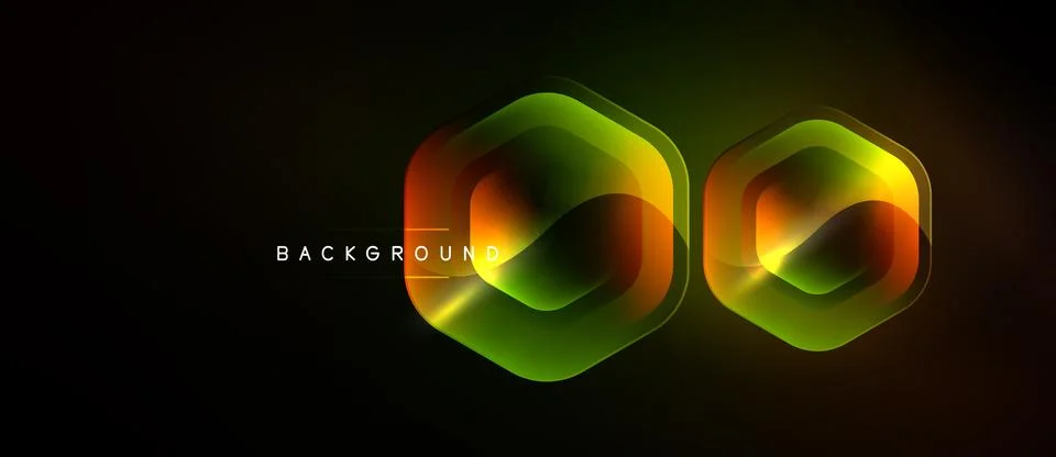 Dark backdrop features vibrant neon hexagons. Gradient colors blend orange, Stockillustratie