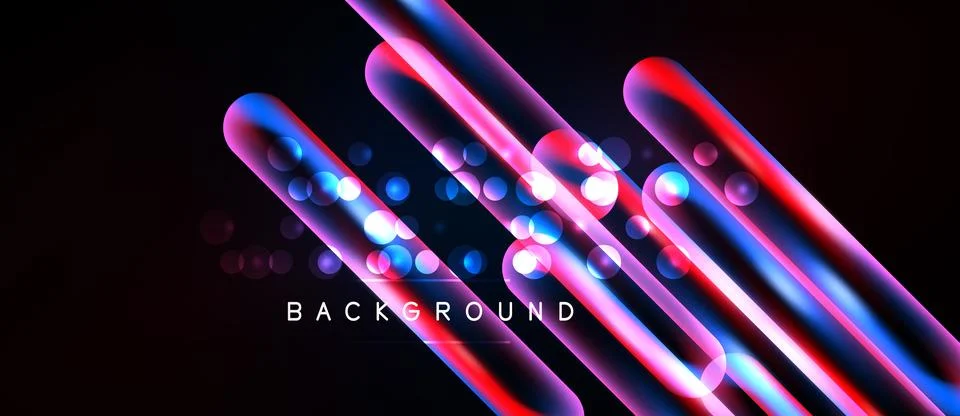 Dark backdrop features vibrant neon lines, circles. Modern design, glowing Stock Illustration
