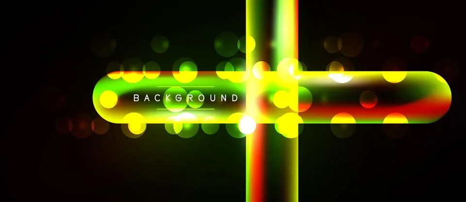 Dark backdrop features vibrant neon lines forming cross shape. Bokeh effect.. Illustrazione stock