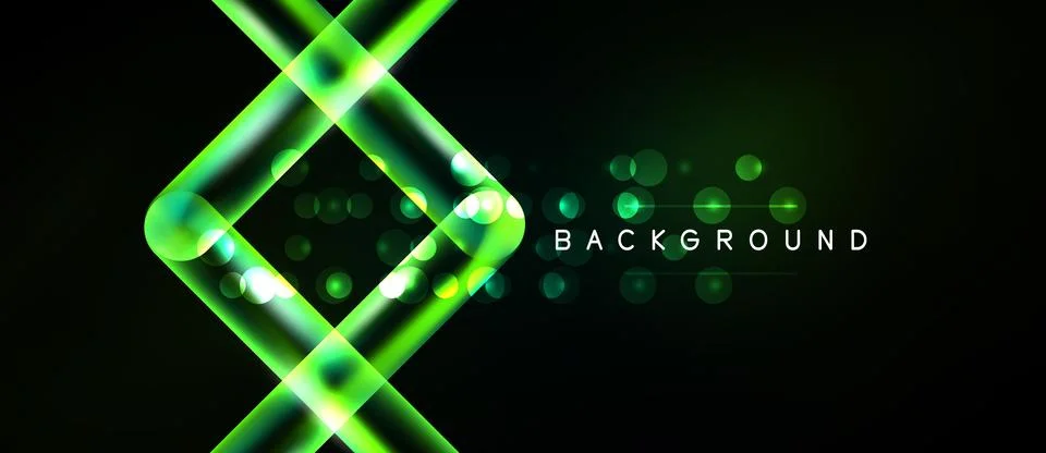 Dark backdrop features vibrant neon lines forming geometric shapes. Glowing Stock Illustration