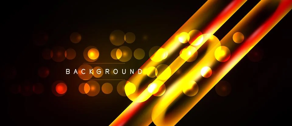 Dark backdrop features vibrant orange lines, glowing circles. Modern design, Illustrazione stock