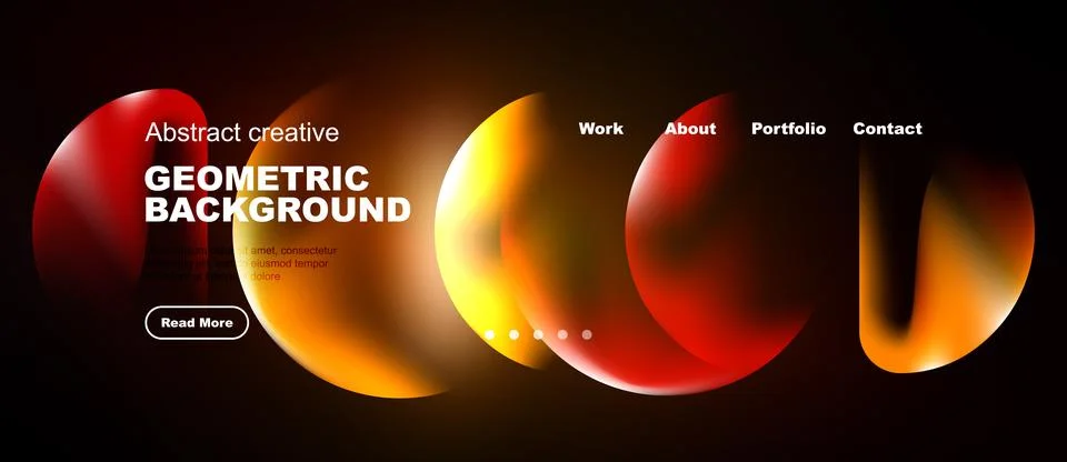 Dark backdrop features vibrant orange geometric shapes. Website header includ Stock Illustration