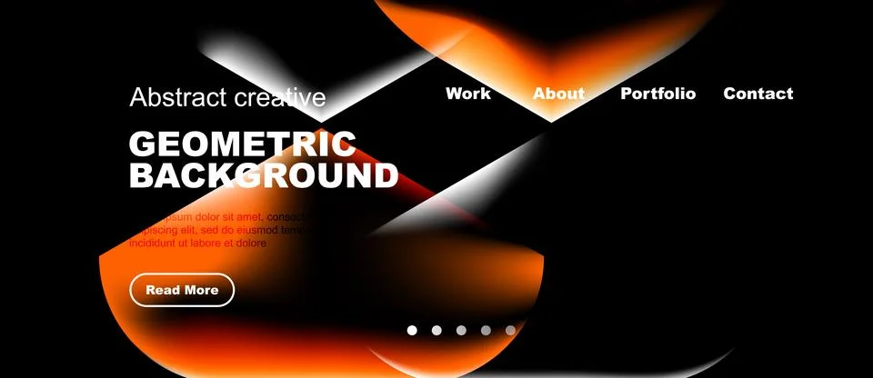 Dark backdrop features vibrant orange geometric shapes. Website navigation Stock Illustration