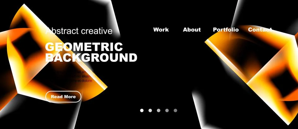 Dark backdrop features vibrant orange geometric shapes. White text highlights Stock Illustration
