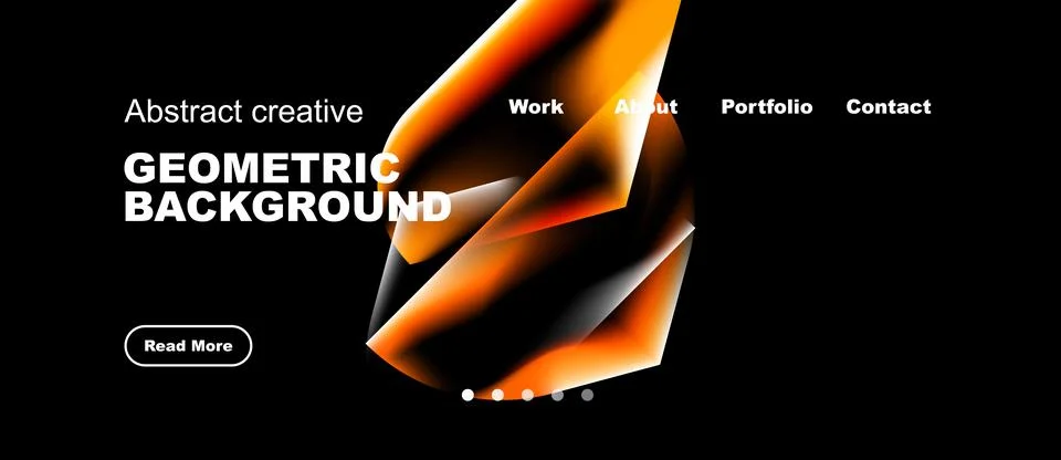 Dark backdrop features vibrant orange geometric shapes. Text elements include Stock Illustration