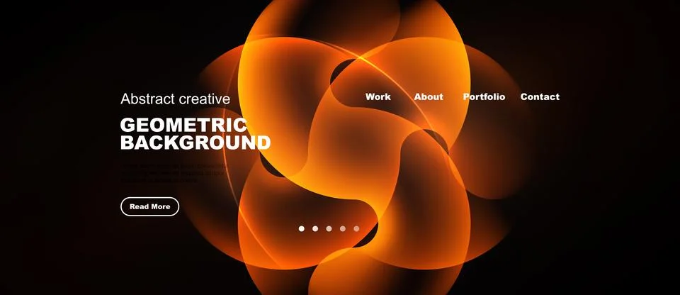 Dark backdrop features vibrant orange abstract shapes. Text includes geometri Stock Illustration