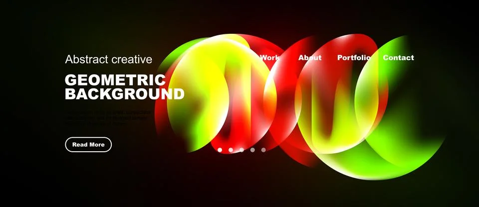 Dark backdrop features vibrant overlapping shapes. Text elements include menu Stock Illustration
