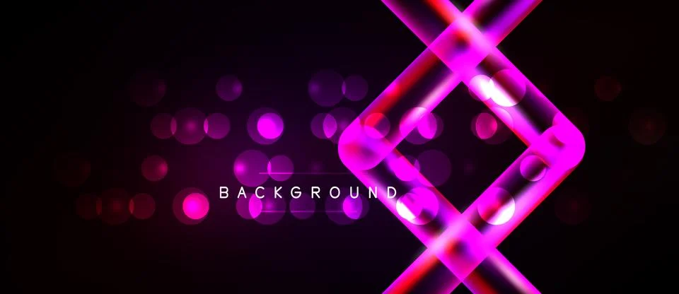 Dark backdrop features vibrant pink geometric shapes, glowing circles. Modern Illustrazione stock