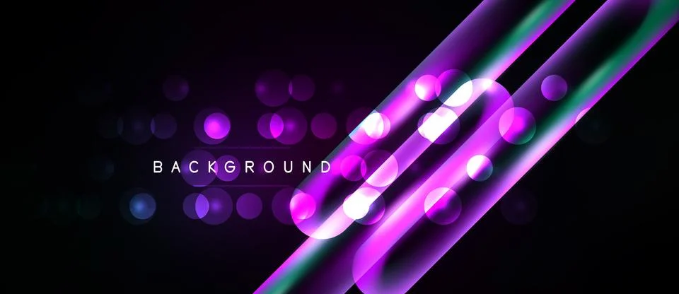 Dark backdrop features vibrant purple, teal lines. Circles create glowing e.. Stock Illustration