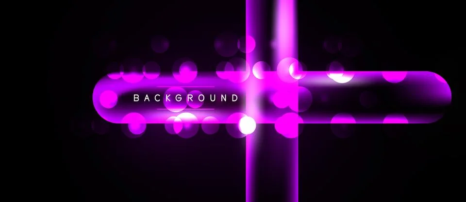 Dark backdrop features vibrant purple neon cross shape. Circles add luminosit Stock Illustration