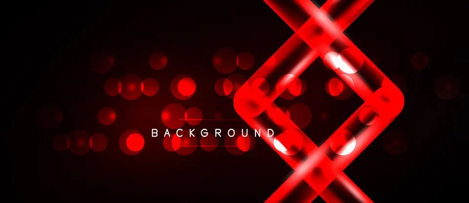 Dark backdrop features vibrant red geometric shapes, glowing circles, dynamic Stock Illustration