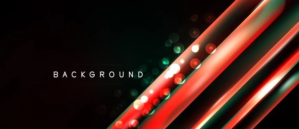 Dark backdrop features vibrant red, green lines. Bokeh effects add depth, Ilustração Stock